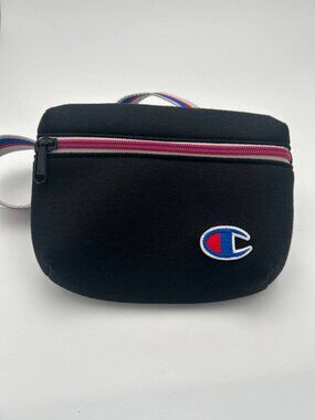 Champion Black Waist Bag Fanny Pack Logo Red White Blue Stripe
